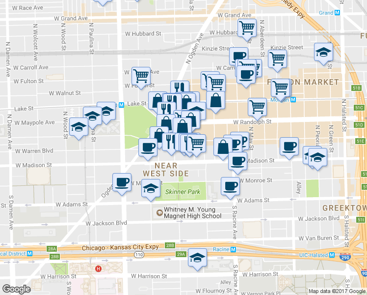 map of restaurants, bars, coffee shops, grocery stores, and more near 1340 West Washington Boulevard in Chicago