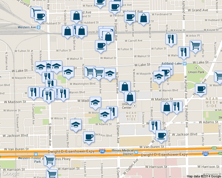 map of restaurants, bars, coffee shops, grocery stores, and more near 2031 West Washington Boulevard in Chicago