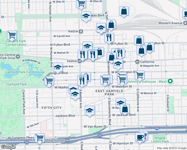 map of restaurants, bars, coffee shops, grocery stores, and more near 3054 West Washington Boulevard in Chicago
