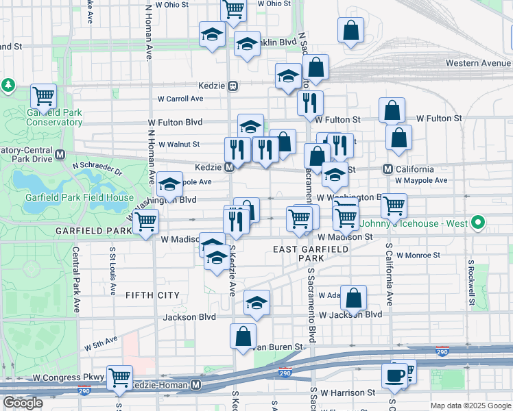map of restaurants, bars, coffee shops, grocery stores, and more near 3132 West Washington Boulevard in Chicago