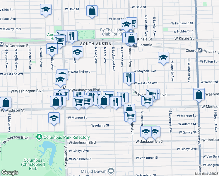 map of restaurants, bars, coffee shops, grocery stores, and more near 118 North Lorel Avenue in Chicago