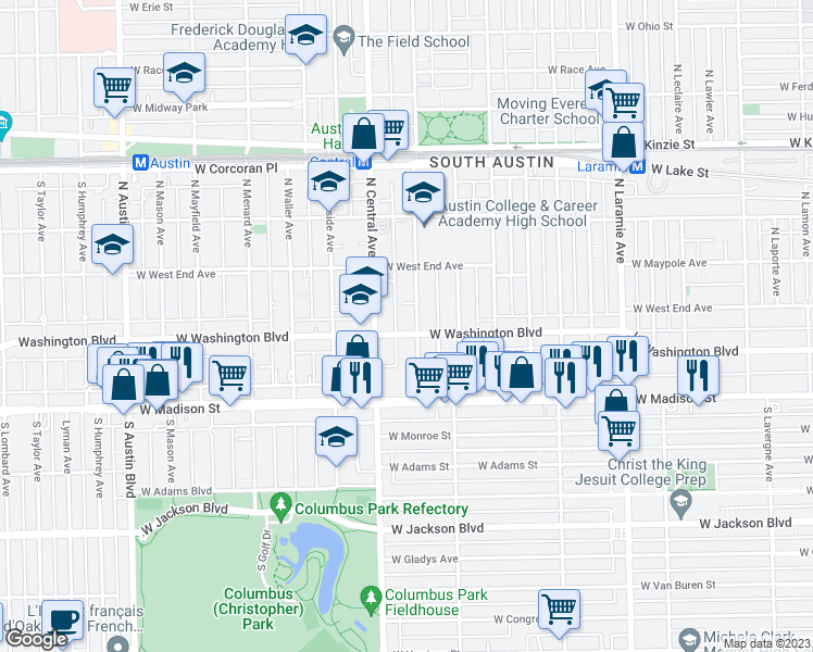 map of restaurants, bars, coffee shops, grocery stores, and more near 122 North Pine Avenue in Chicago