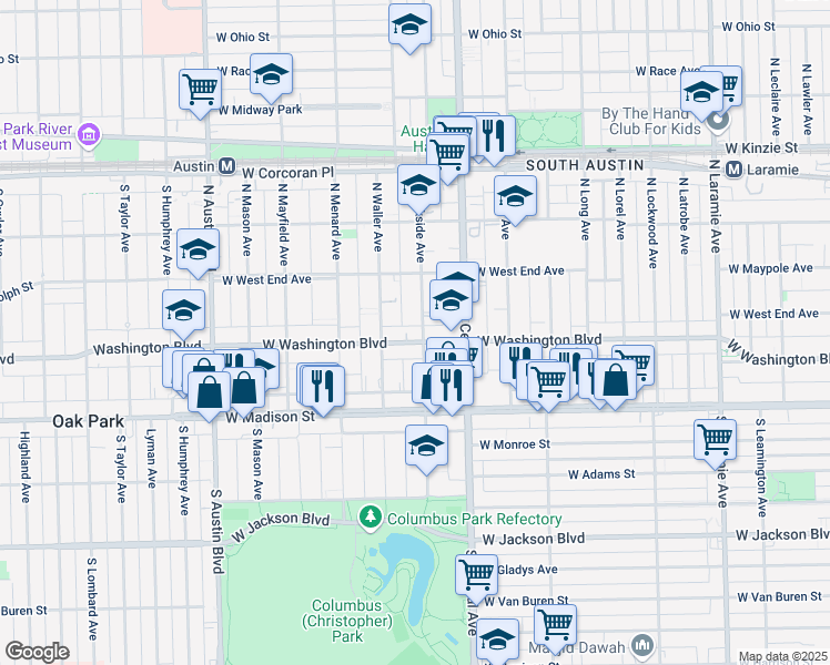 map of restaurants, bars, coffee shops, grocery stores, and more near 123 North Parkside Avenue in Chicago
