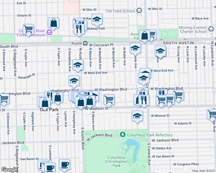 map of restaurants, bars, coffee shops, grocery stores, and more near 128 North Menard Avenue in Chicago