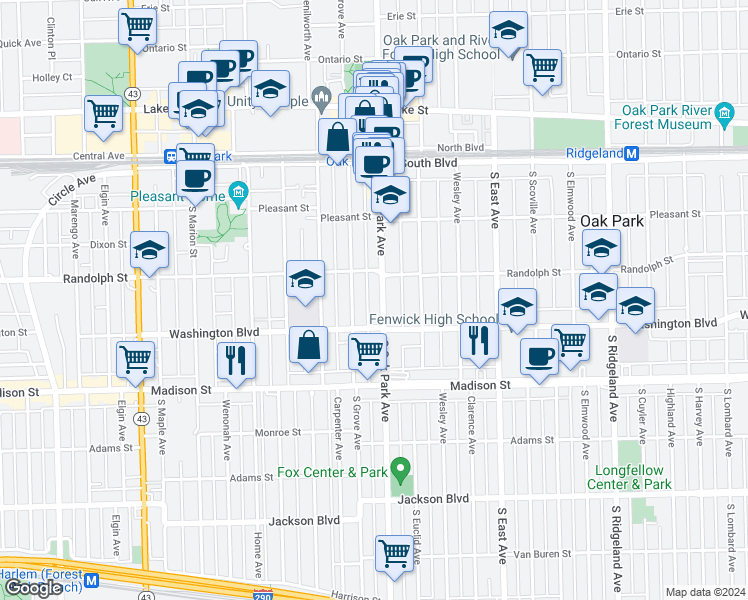 map of restaurants, bars, coffee shops, grocery stores, and more near 307 South Oak Park Avenue in Oak Park