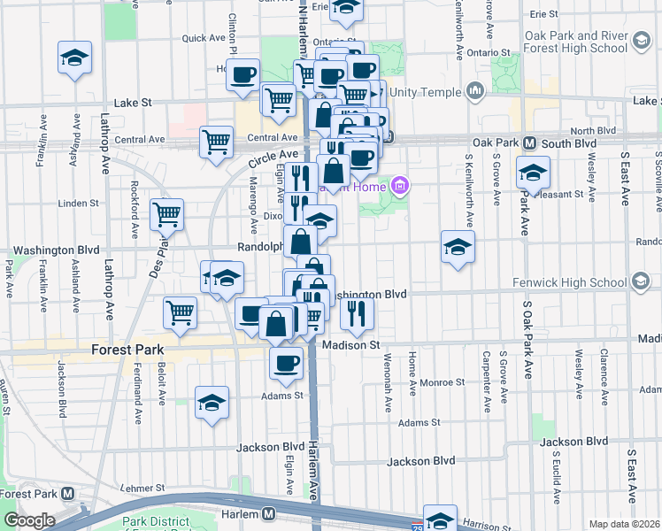 map of restaurants, bars, coffee shops, grocery stores, and more near 100 South Maple Avenue in Oak Park