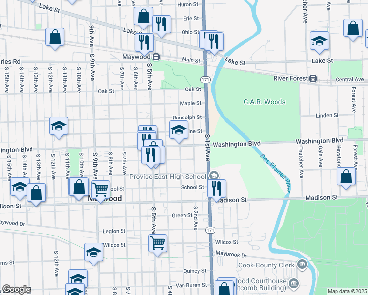 map of restaurants, bars, coffee shops, grocery stores, and more near 514 South 2nd Avenue in Maywood