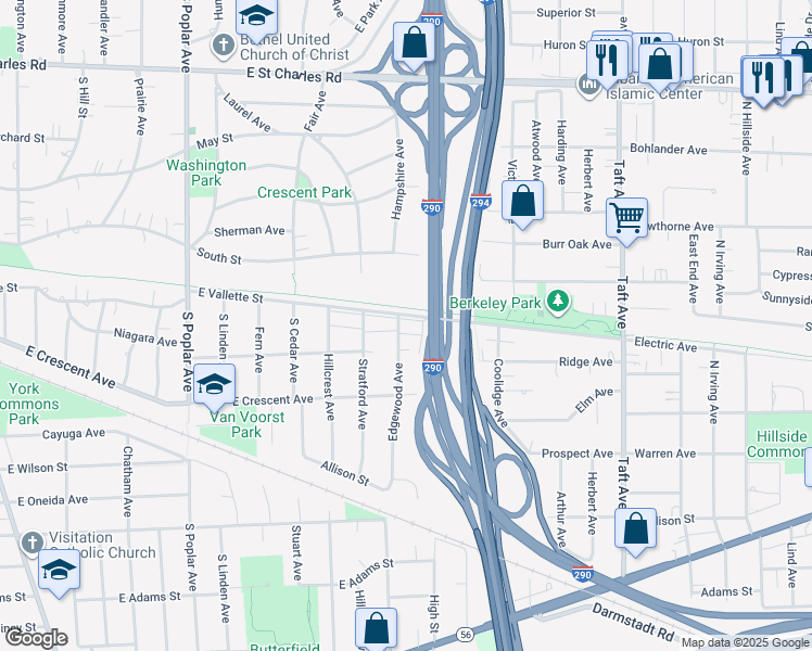 map of restaurants, bars, coffee shops, grocery stores, and more near 490 East Vallette Street in Elmhurst