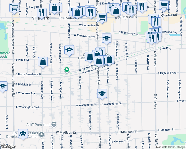 map of restaurants, bars, coffee shops, grocery stores, and more near 11 West Park Boulevard in Villa Park