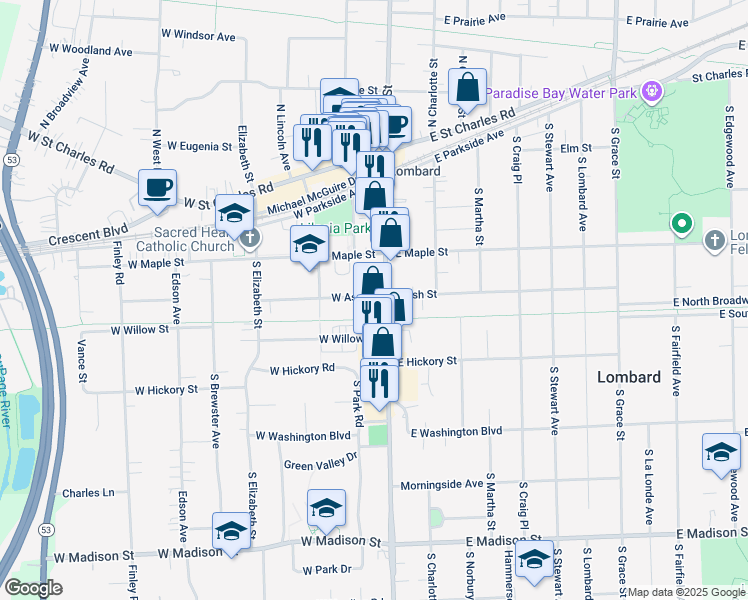 map of restaurants, bars, coffee shops, grocery stores, and more near 230 South Main Street in Lombard