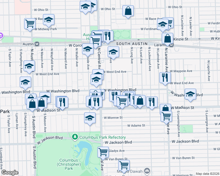 map of restaurants, bars, coffee shops, grocery stores, and more near 108 North Pine Avenue in Chicago
