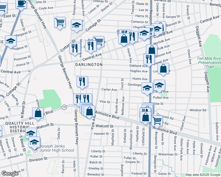 map of restaurants, bars, coffee shops, grocery stores, and more near 112 Saratoga Avenue in Pawtucket