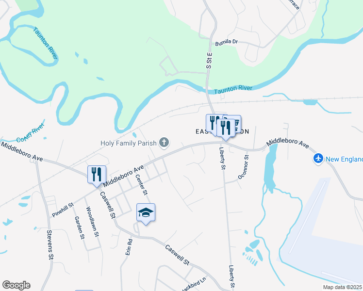 map of restaurants, bars, coffee shops, grocery stores, and more near 414 Middleboro Avenue in Taunton