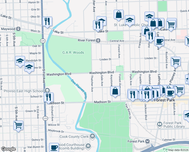 map of restaurants, bars, coffee shops, grocery stores, and more near 139 Thatcher Avenue in River Forest