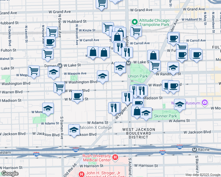 map of restaurants, bars, coffee shops, grocery stores, and more near 38 North Paulina Street in Chicago