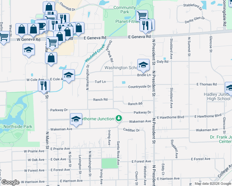 map of restaurants, bars, coffee shops, grocery stores, and more near 612 Countryside Drive in Wheaton