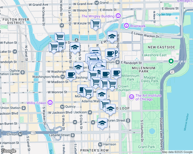map of restaurants, bars, coffee shops, grocery stores, and more near 20 West Calhoun Place in Chicago
