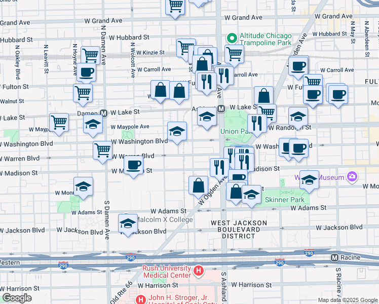 map of restaurants, bars, coffee shops, grocery stores, and more near 38 North Paulina Street in Chicago