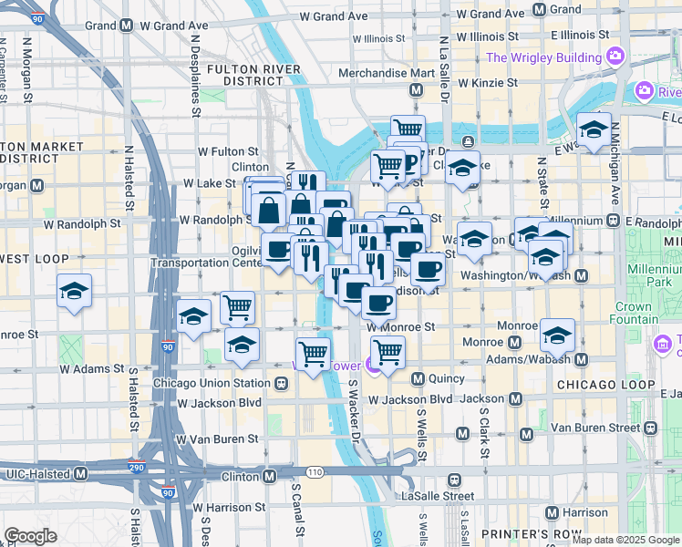 map of restaurants, bars, coffee shops, grocery stores, and more near 20 North Upper Wacker Drive in Chicago
