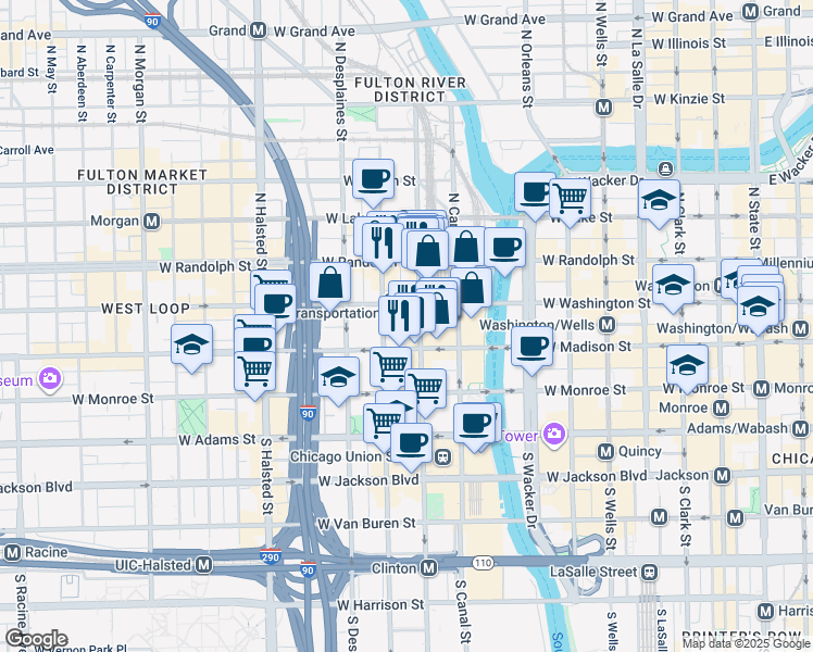 map of restaurants, bars, coffee shops, grocery stores, and more near 540 West Madison Street in Chicago