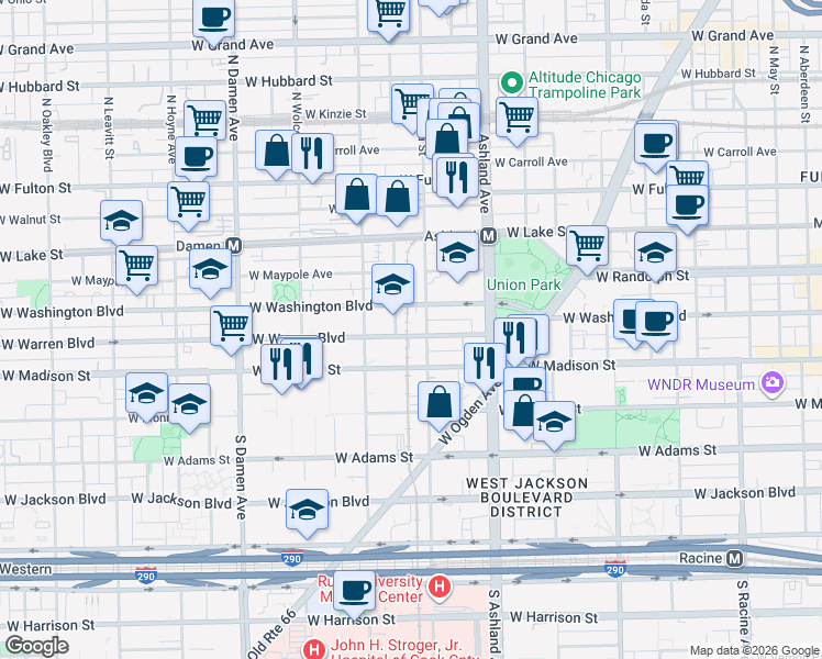 map of restaurants, bars, coffee shops, grocery stores, and more near 1714 West Warren Boulevard in Chicago