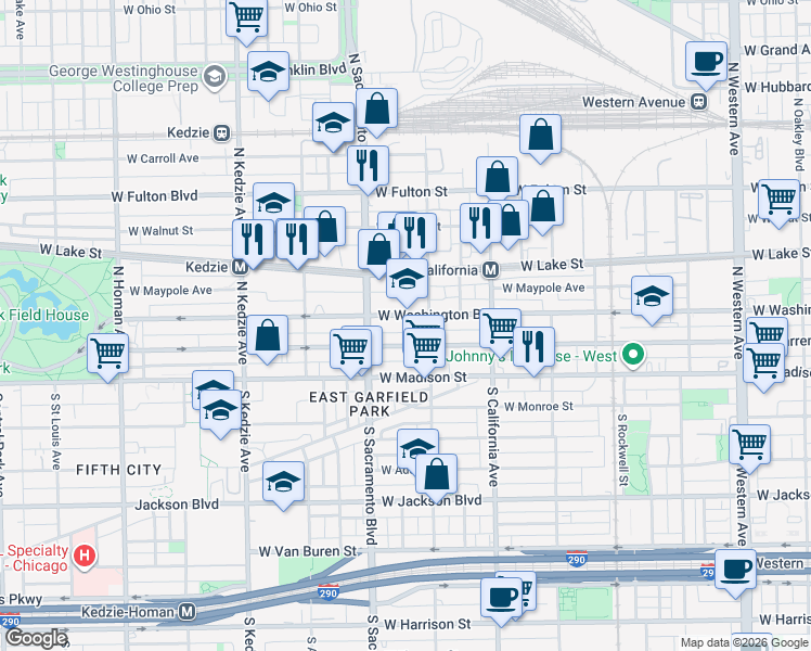 map of restaurants, bars, coffee shops, grocery stores, and more near 2921 West Washington Boulevard in Chicago