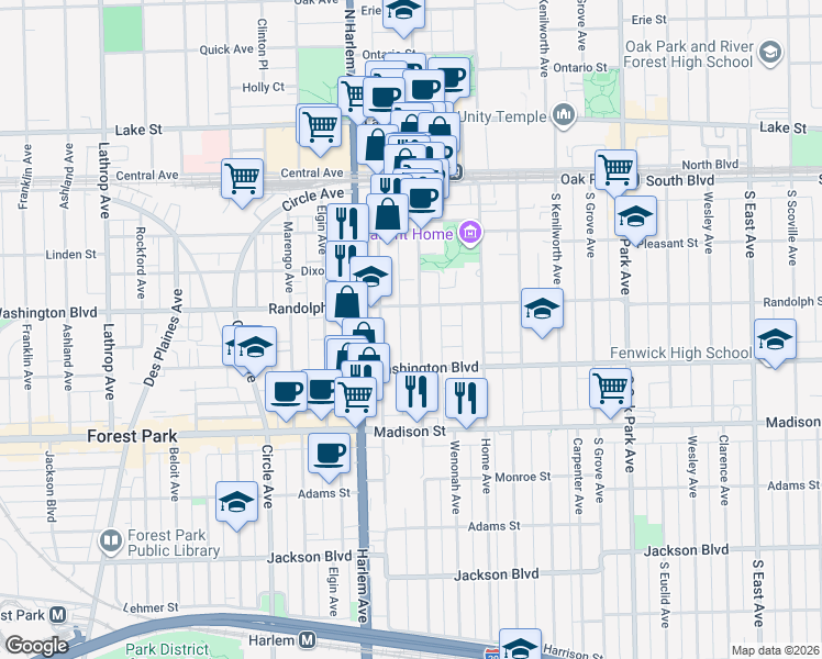 map of restaurants, bars, coffee shops, grocery stores, and more near in Oak Park