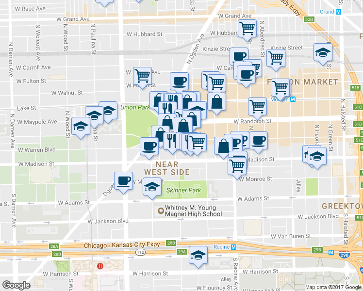 map of restaurants, bars, coffee shops, grocery stores, and more near 1340 West Washington Boulevard in Chicago
