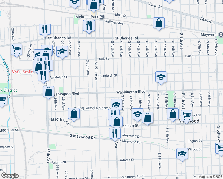 map of restaurants, bars, coffee shops, grocery stores, and more near 433 South 18th Avenue in Maywood
