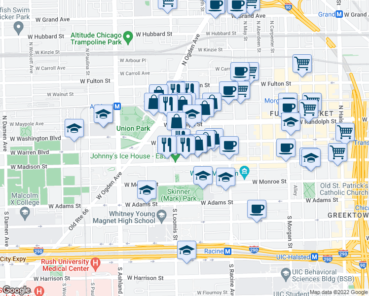 map of restaurants, bars, coffee shops, grocery stores, and more near 1340 West Washington Boulevard in Chicago