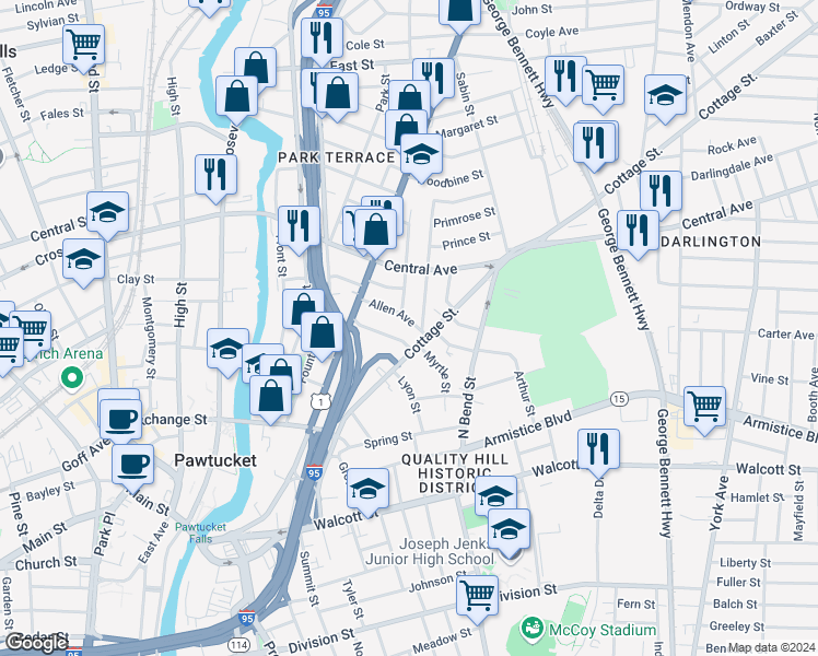 map of restaurants, bars, coffee shops, grocery stores, and more near 47 Allen Avenue in Pawtucket