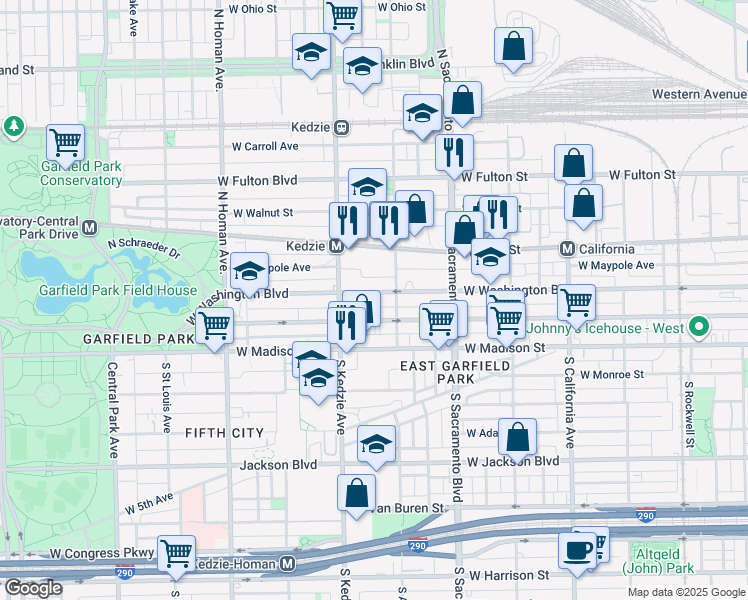 map of restaurants, bars, coffee shops, grocery stores, and more near 3132 West Washington Boulevard in Chicago