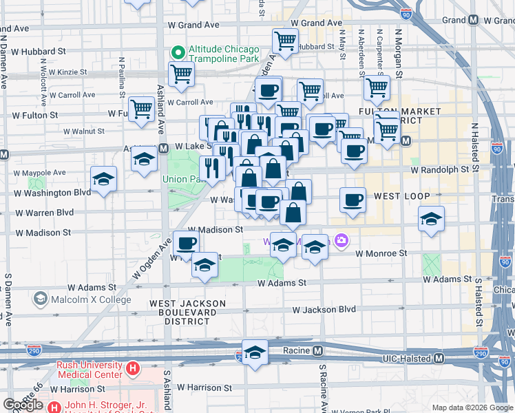 map of restaurants, bars, coffee shops, grocery stores, and more near 1327 West Washington Boulevard in Chicago