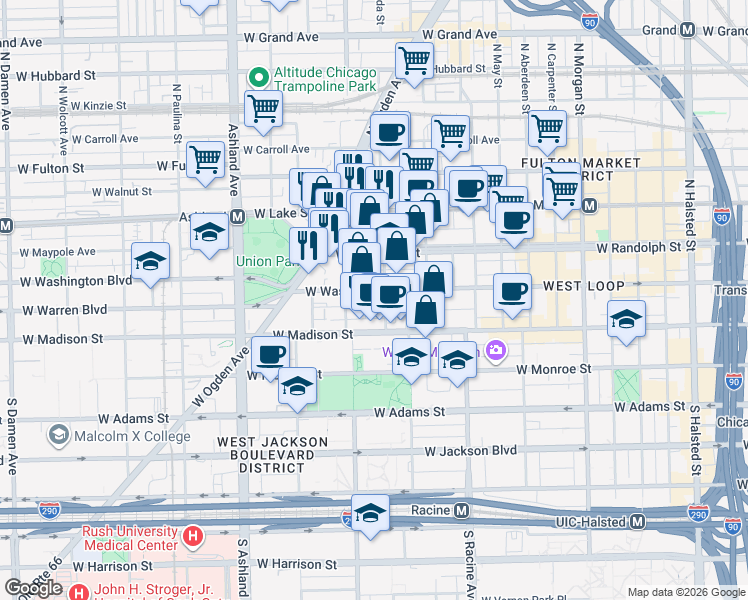 map of restaurants, bars, coffee shops, grocery stores, and more near 1340 West Washington Boulevard in Chicago