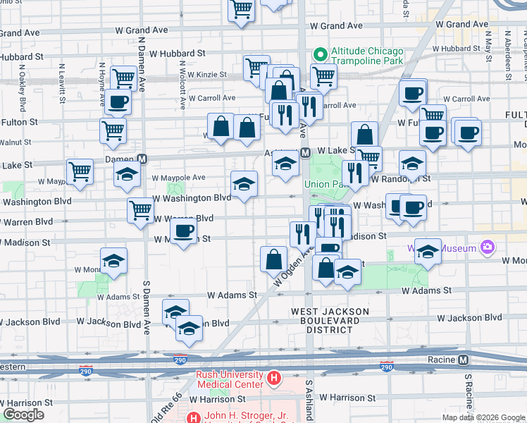 map of restaurants, bars, coffee shops, grocery stores, and more near 1655 West Washington Boulevard in Chicago
