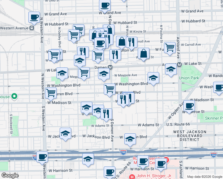 map of restaurants, bars, coffee shops, grocery stores, and more near 58 North Damen Avenue in Chicago
