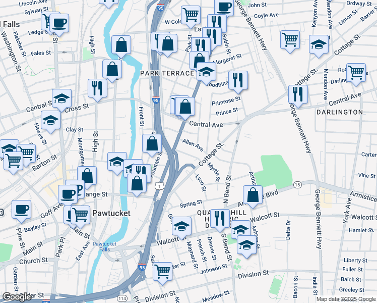 map of restaurants, bars, coffee shops, grocery stores, and more near 19 Allen Avenue in Pawtucket