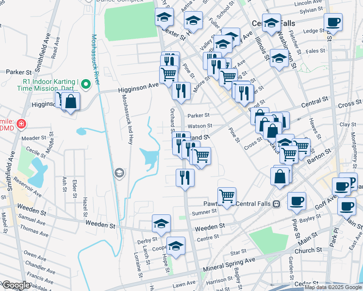 map of restaurants, bars, coffee shops, grocery stores, and more near 585 Lonsdale Avenue in Central Falls