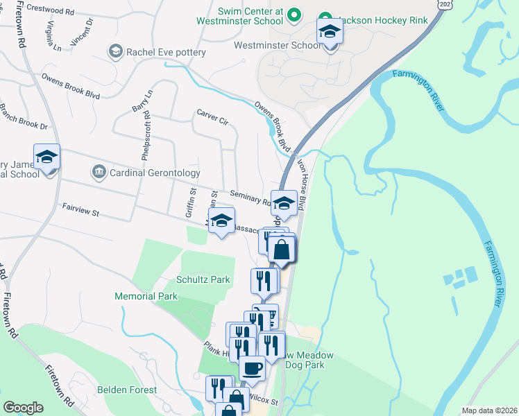 map of restaurants, bars, coffee shops, grocery stores, and more near 8 Seminary Road in Simsbury