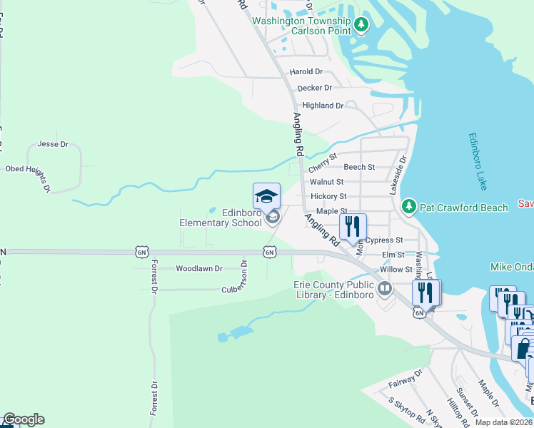 map of restaurants, bars, coffee shops, grocery stores, and more near 5390 Route 6N in Edinboro