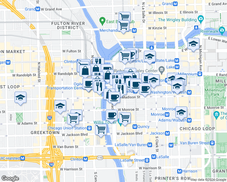 map of restaurants, bars, coffee shops, grocery stores, and more near 110 North Upper Wacker Drive in Chicago