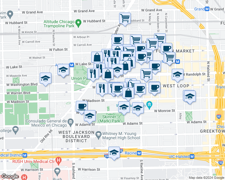 map of restaurants, bars, coffee shops, grocery stores, and more near 1340 West Washington Boulevard in Chicago