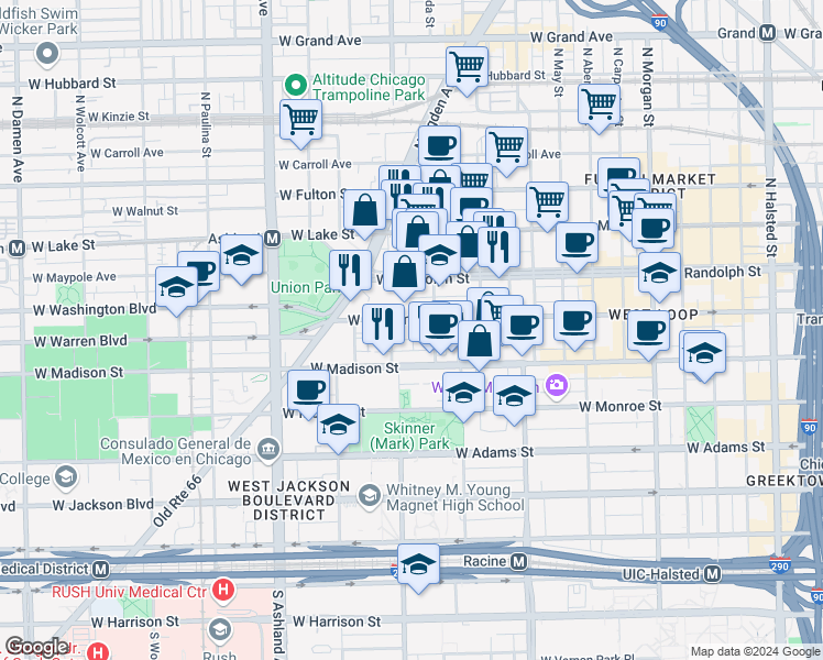 map of restaurants, bars, coffee shops, grocery stores, and more near 1340 West Washington Boulevard in Chicago
