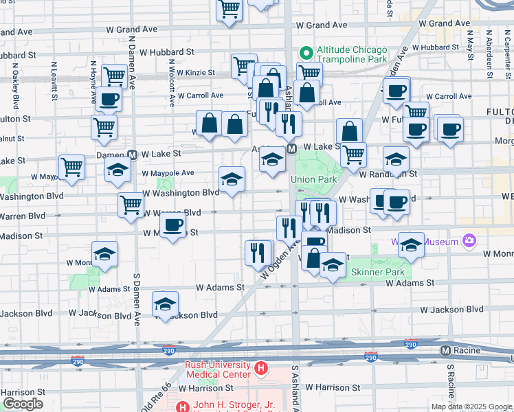 map of restaurants, bars, coffee shops, grocery stores, and more near 1655 West Washington Boulevard in Chicago