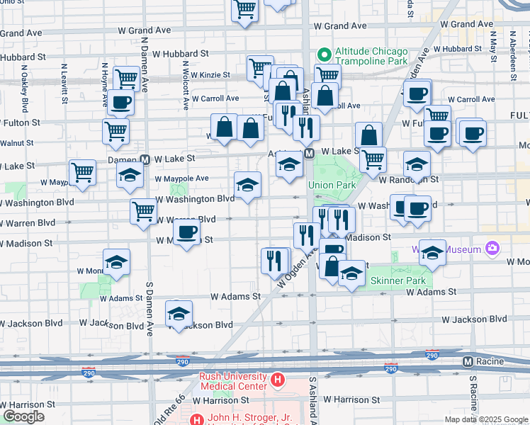 map of restaurants, bars, coffee shops, grocery stores, and more near 1655 West Washington Boulevard in Chicago