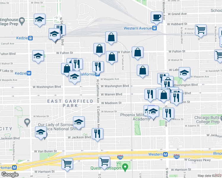 map of restaurants, bars, coffee shops, grocery stores, and more near 2710 West Washington Boulevard in Chicago