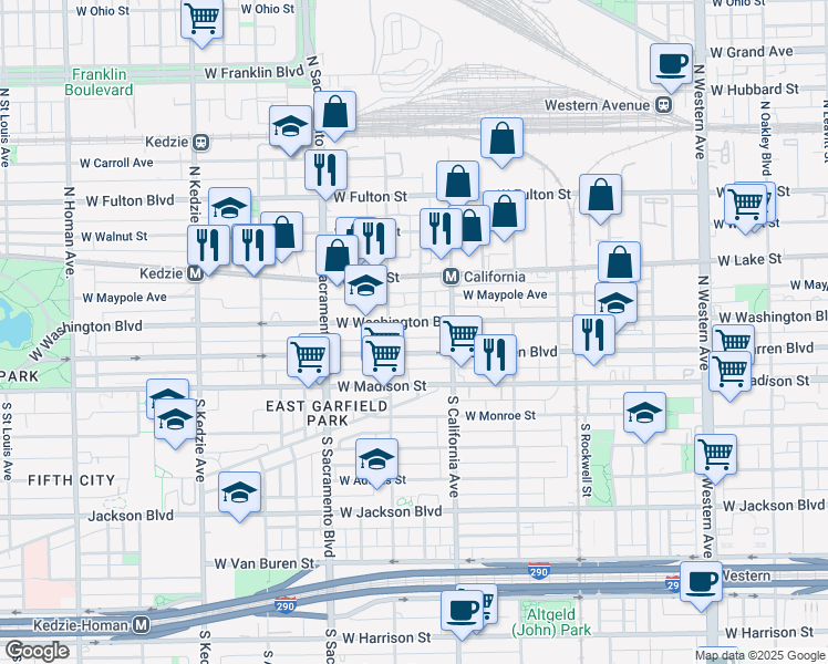 map of restaurants, bars, coffee shops, grocery stores, and more near 2826 West Washington Boulevard in Chicago