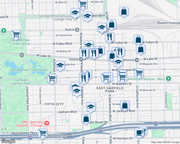 map of restaurants, bars, coffee shops, grocery stores, and more near 3132 West Washington Boulevard in Chicago