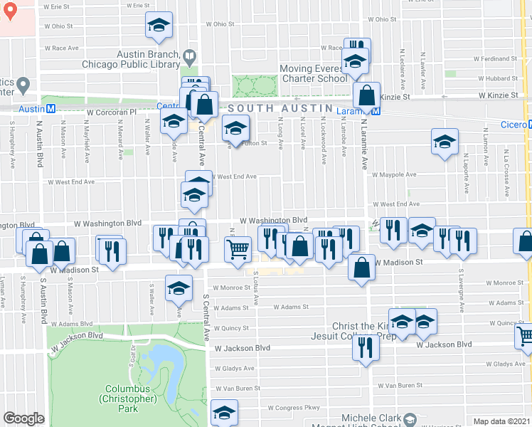 map of restaurants, bars, coffee shops, grocery stores, and more near 122 North Long Avenue in Chicago