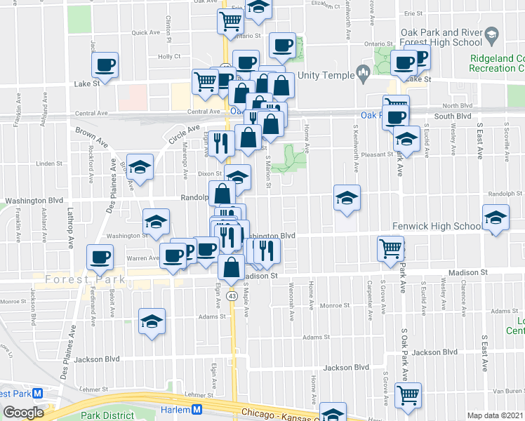 map of restaurants, bars, coffee shops, grocery stores, and more near in Oak Park